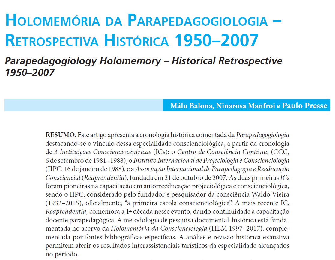 Holomemória da Parapedagogiologia – Retrospectiva Histórica 1950–2007